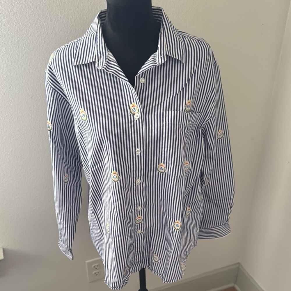 Talbots vintage striped purple white crests long sleeve buttoned down top Sz L‎